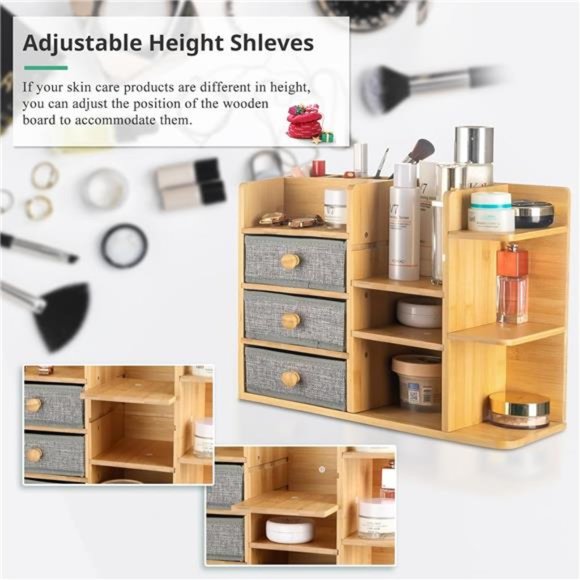 Bamboo-Makeup-Organizer for Vanity, Multi-Function Wood Large Capacity Make up - Picture 2 of 6